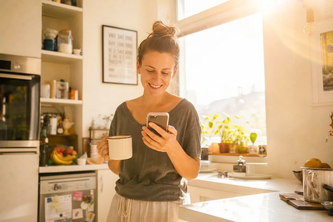 Mutter lächelt entspannt aufs Handy und sieht eine neue FACT-Umfrage-Einladung