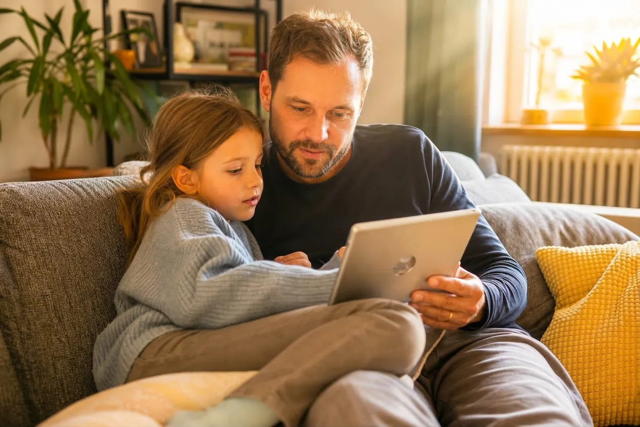 Vater und Tochter lachen zusammen auf dem Sofa und schauen auf ein Tablet