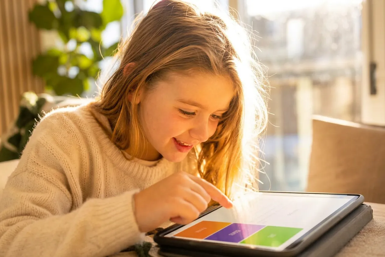 Kind tippt vergnügt und konzentriert auf eine bunte Umfrage-Frage am Tablet