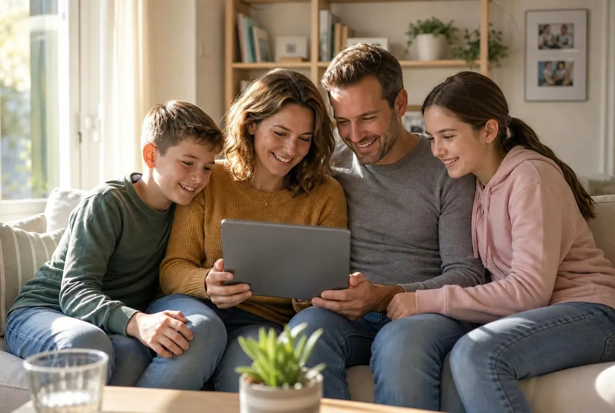 Mutter und Tochter melden sich gemeinsam am Tablet bei FACT Family an