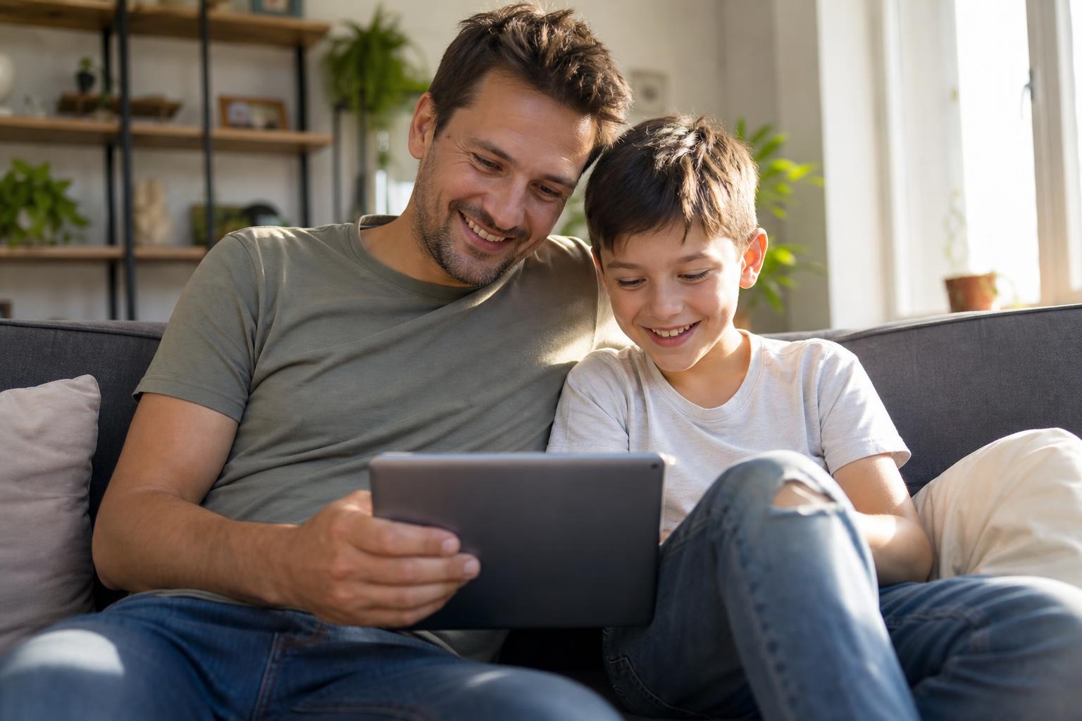 Elternteil und Kind schauen gemeinsam auf ein Tablet