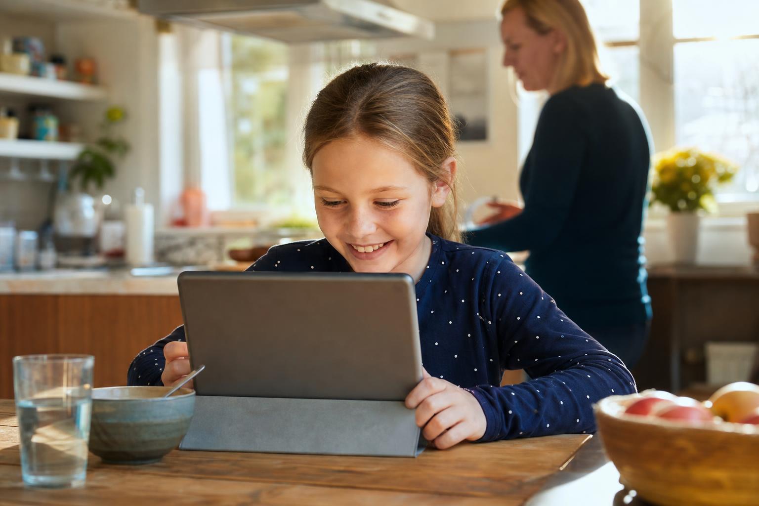Kind lächelt am Tablet