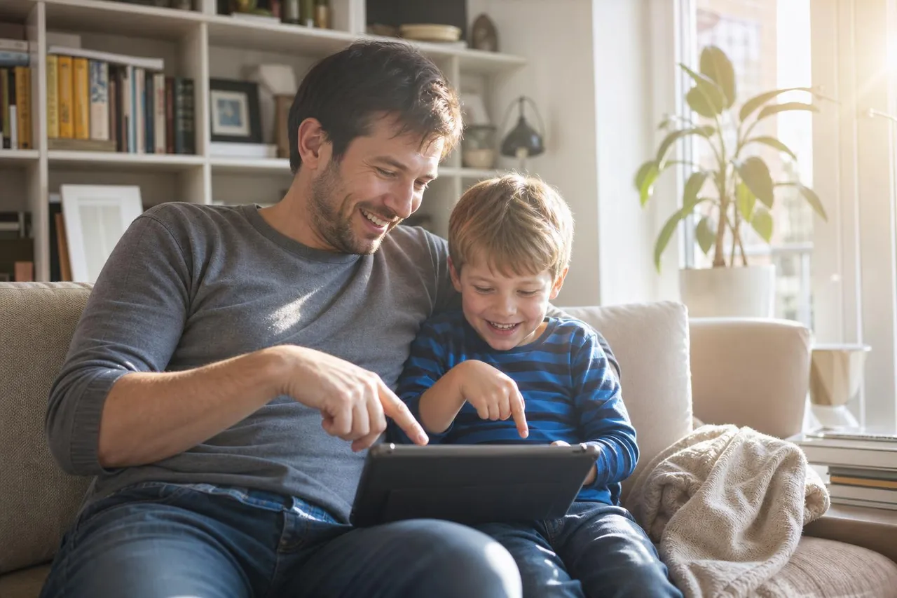 Vater und Sohn beantworten gemeinsam eine FACT-Umfrage auf dem Tablet